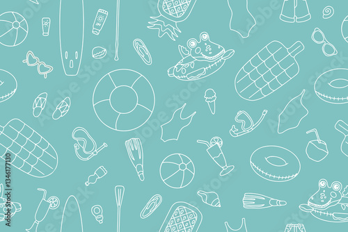 Trendy Summer seamless pattern of beach items and accessories in doodle style. Hand drawn beach items and sports equipment on blue background. Vector