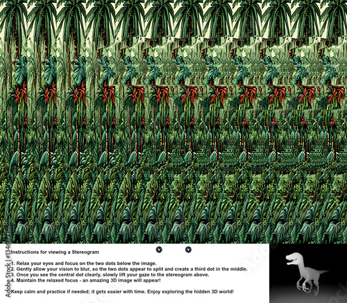 Optical illusion stereogram with hidden 3D dinosaur Velociraptor shape with instruction.