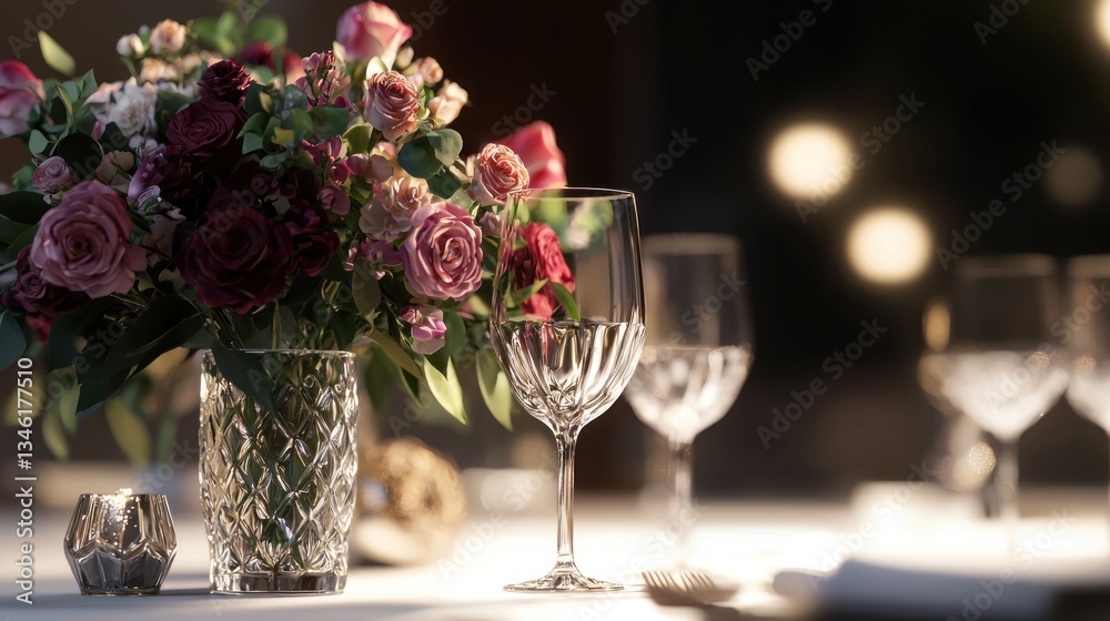 Elegant Table Setting with Flowers and Crystal Glasses Elegant Table Setting with Flowers and Crystal Glasses