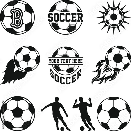 Soccer Ball Logos Silhouette, Emblems for Team and Sport, Football or soccer SVG ball flat vector icons