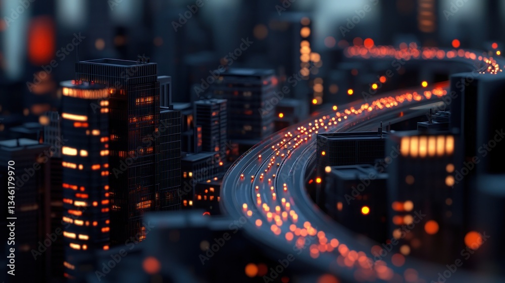 Obraz premium Night Cityscape: Illuminated Metropolis with Winding Highway