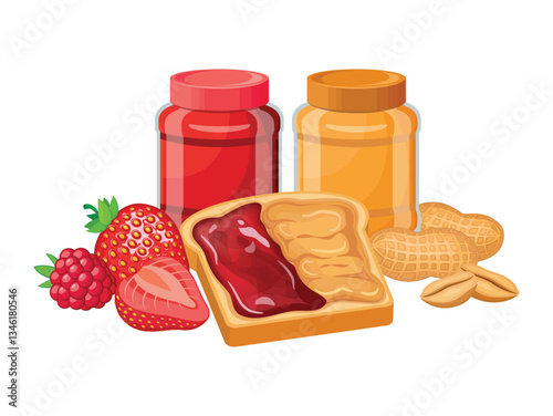 Peanut butter and jelly sandwich vector illustration. Toasted bread with peanut butter and jam icon set on a white background. Jar of jam and peanut butter, toast, peanuts and fruit drawing