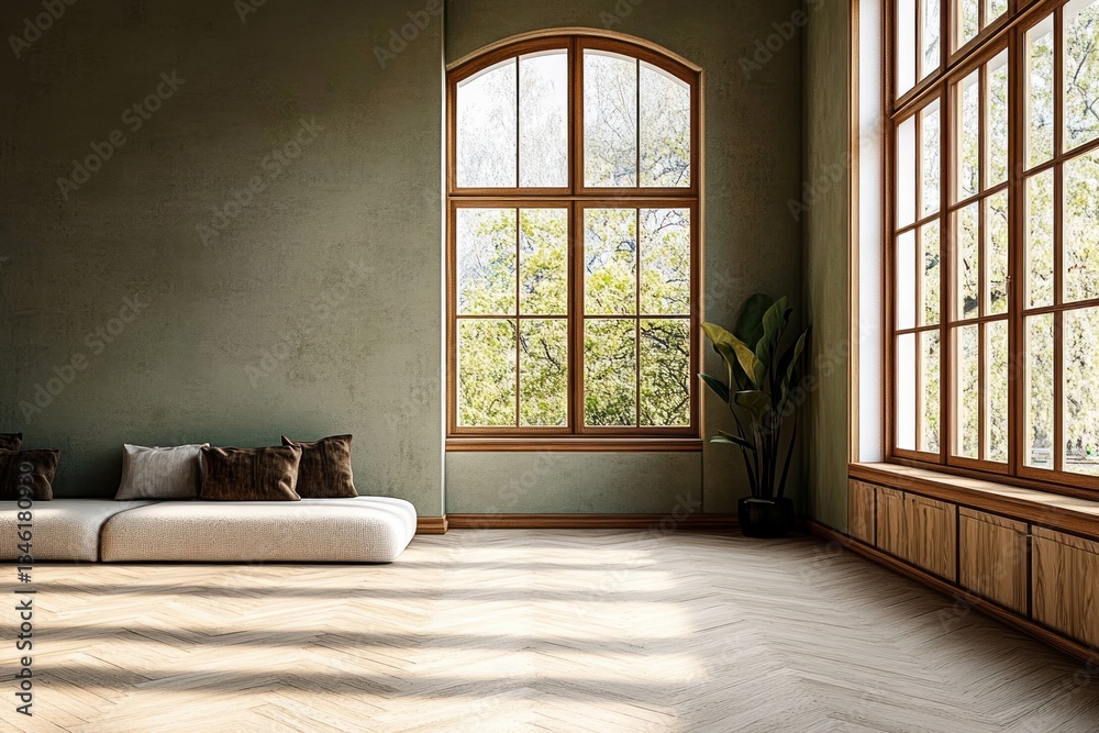 minimalist empty living room with large windows olive green wall and herringbone oak floor minimalist empty living room with large windows olive green wall and herringbone oak floor