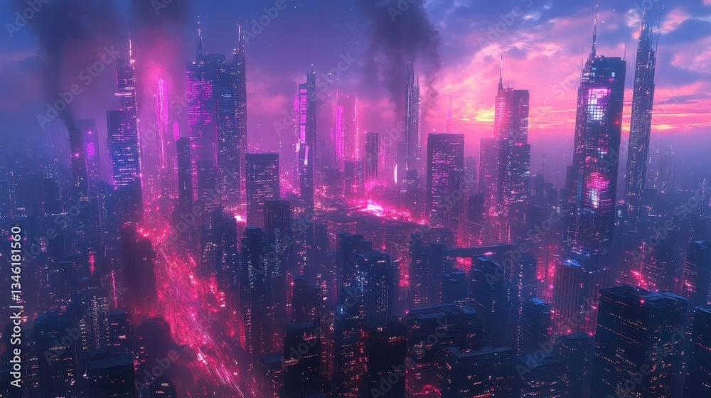 Fototapeta premium Futuristic neon cityscape at dusk with skyscrapers and vibrant lights