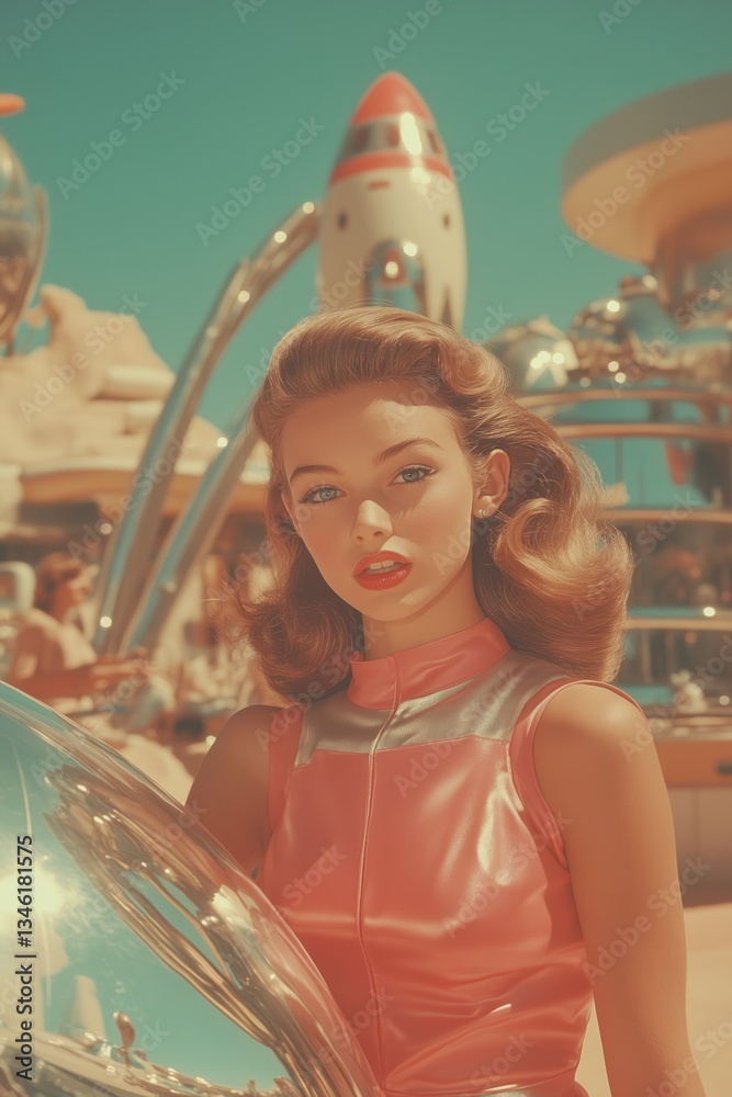 Stylish sci-fi woman with wavy dark hair, red lips, pink futuristic suit, standing outdoors in a surreal retro setting.