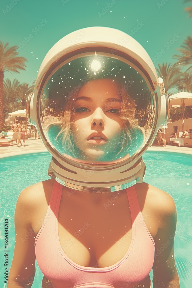 Surreal vintage portrait of a woman in a bikini wearing an astronaut helmet, pastel blue and pink tones, dreamy fantasy aesthetic.
