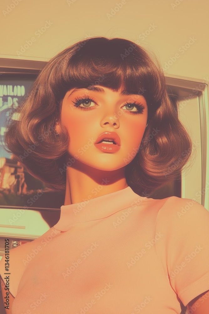 Retro photo of a woman with dark short hair and bangs, 1980s vintage aesthetic, warm nostalgic tones and soft film texture.