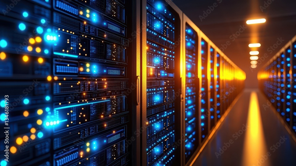 The interior of a server room is filled with rows of illuminated racks, their blue and orange lights glowing against the dark surroundings in late evening hours, emphasizing a high-tech environment The interior of a server room is filled with rows of illuminated racks, their blue and orange lights glowing against the dark surroundings in late evening hours, emphasizing a high-tech environment