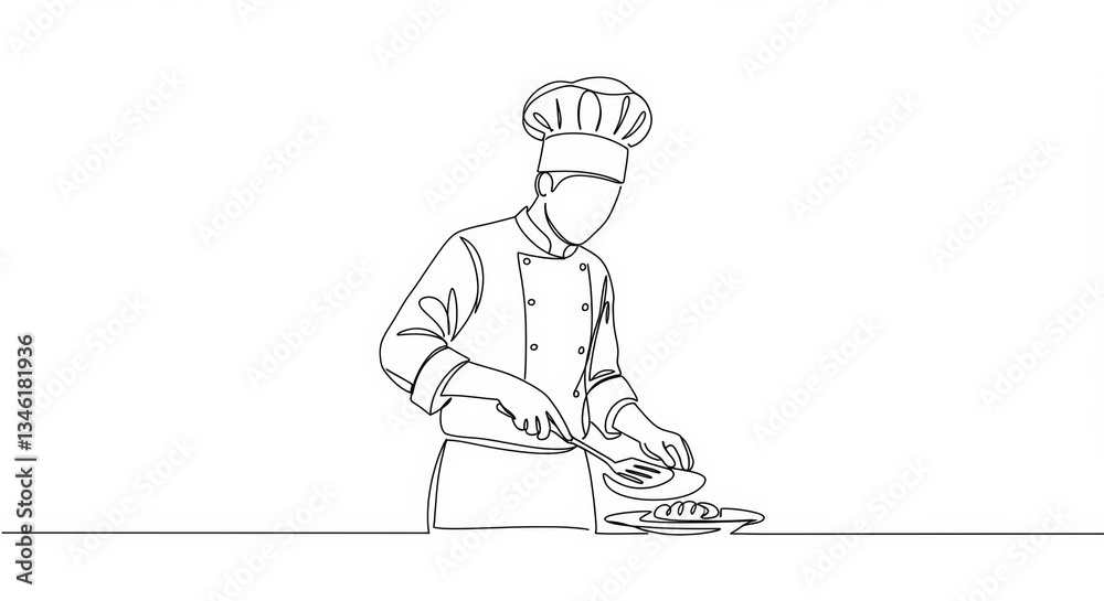 Elegant continuous line art depicting a chef gracefully preparing food in monochrome Elegant continuous line art depicting a chef gracefully preparing food in monochrome