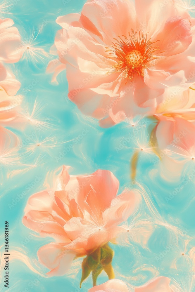 Vertical floral wallpaper with soft orange flowers drifting on water, surreal and harmonious