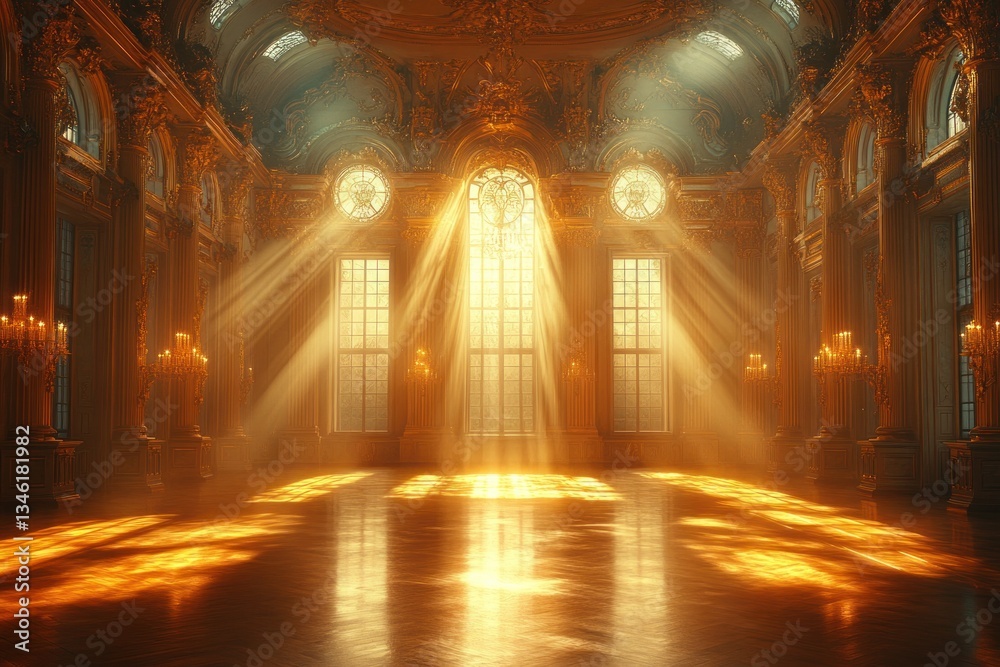 Fototapeta premium Grand Opulent Ballroom Interior with Baroque Detailing and Golden Sunlight