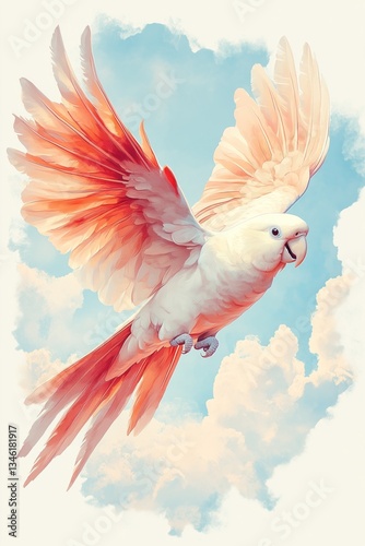 Detailed oil painting of a flying white parrot with vibrant red wings, soft cloud background, elegant clipart.