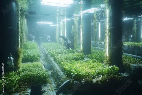 Large-scale oceanic permaculture with AI-managed algae bioreactors, sunlit water columns nurturing multi-colored sea vegetables for carbon-neutral food production. photo