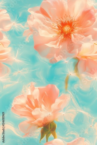 Vertical floral wallpaper with soft orange flowers drifting on water, surreal and harmonious