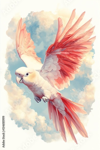 Artistic oil painting of a white parrot soaring with bright red wings, realistic sky background, clipart on white paper.