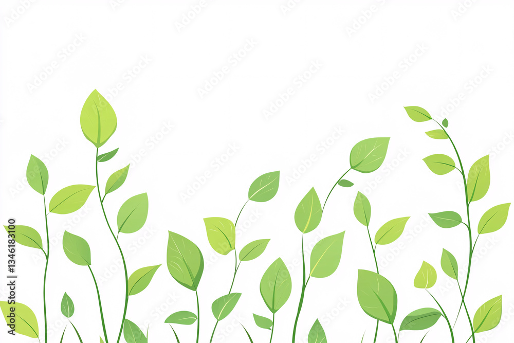 Obraz premium light green leaves grow in a scattered pattern with upward stems on a bright white background 