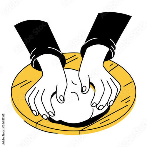 A hand drawn illustration depicting hands kneading dough