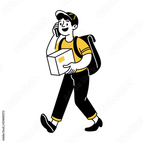 Courier boy calling on mobile, doodle character illustration