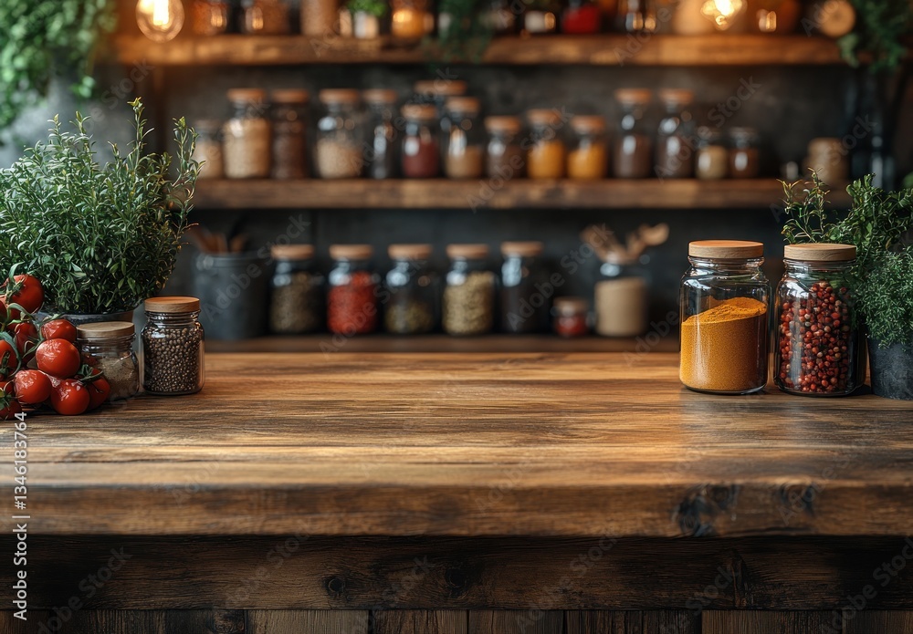 Rustic Wooden Table in Cozy Kitchen Setting for Product Display Rustic Wooden Table in Cozy Kitchen Setting for Product Display