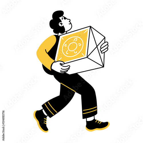 Walking character carrying a delivery box, doodle illustration