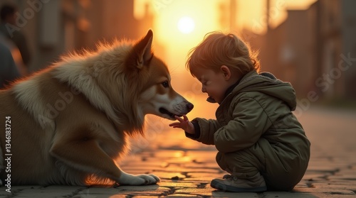 Child Stroking Stray Dog at Sunset