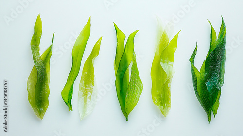 realistic photograph of a seaweed on a white background. Long and straight seaweed, with its leaf and bunch.