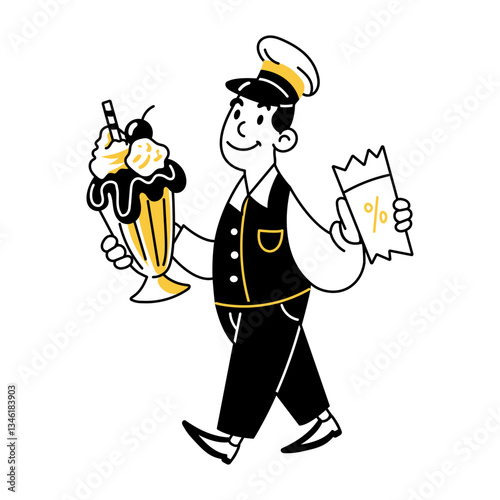 Character doing sweet delivery with a discount voucher, doodle illustration