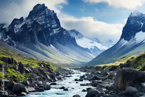 untamed spirit of Nordic island of Iceland is displayed through its rugged and untouched glaciers, featuring snow covered peaks and deep blue ice