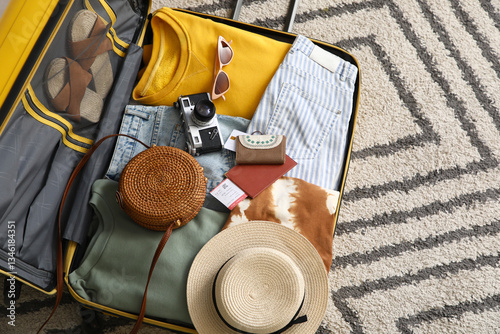 Unpacked suitcase with clot...