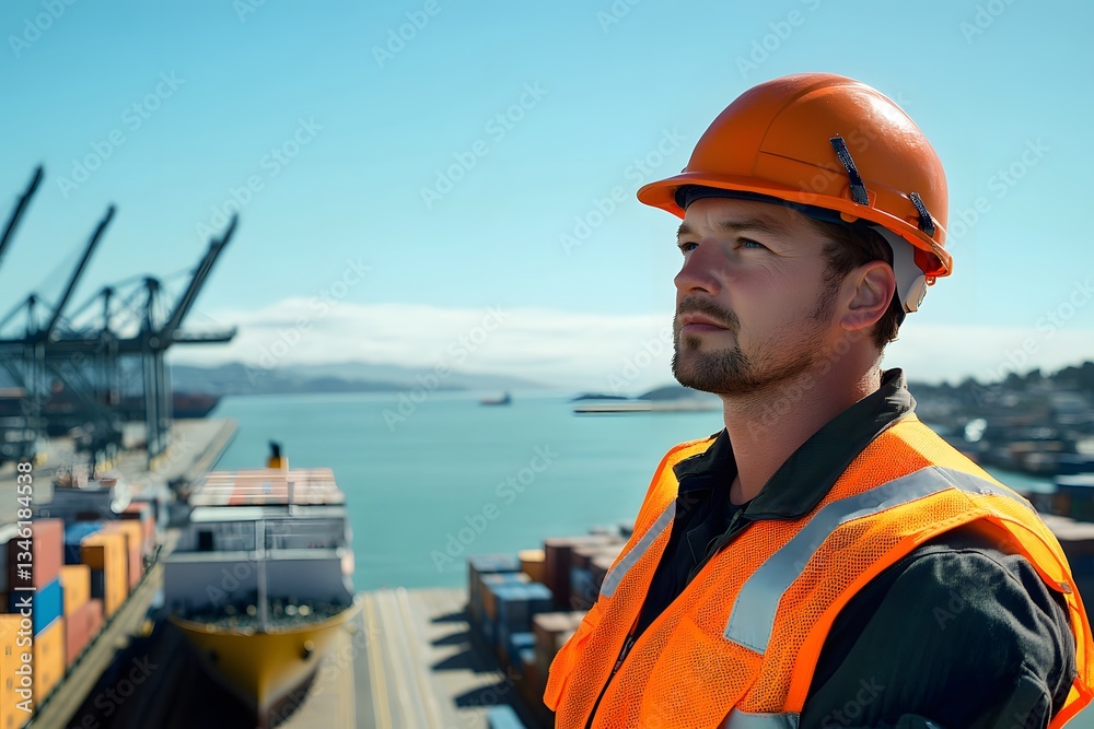 A worker in an orange vest and helmet stands on the dock of a port with containers, looking at ships ready to transport goods across the world. The harbor is busy with cargo trucks moving through ship A worker in an orange vest and helmet stands on the dock of a port with containers, looking at ships ready to transport goods across the world. The harbor is busy with cargo trucks moving through ship