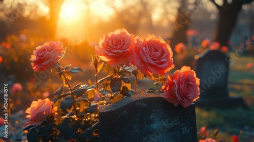 Serene Cemetery at Sunrise with Pink Roses and Cross Gravestone in Peaceful Setting