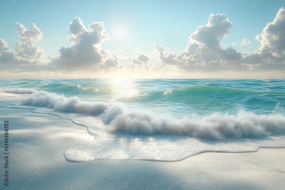 Fototapeta premium Tropical Beach Landscape with Turquoise Ocean and Soft Clouds