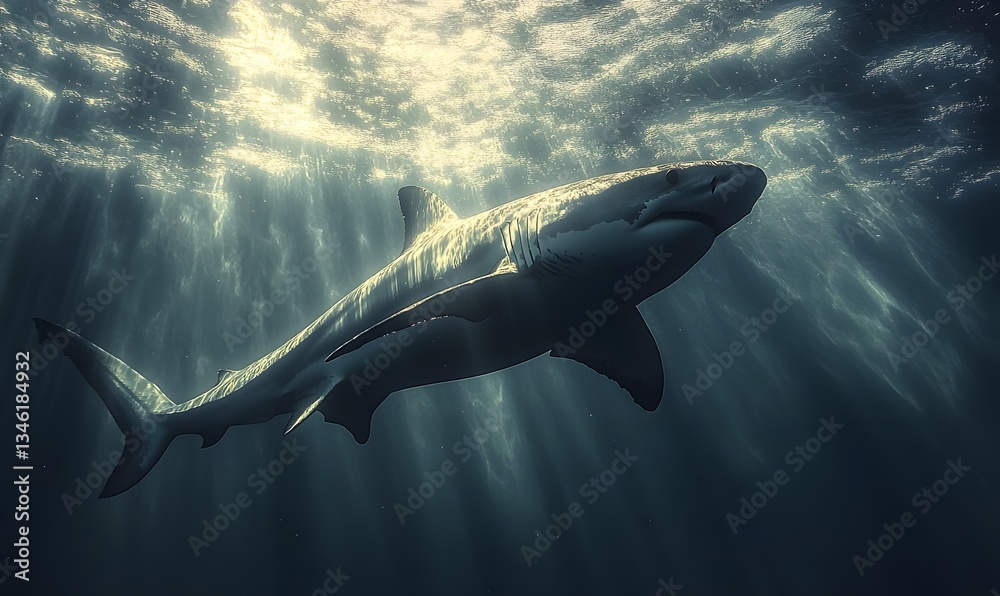 Fototapeta premium A shark in the deep sea with light rays penetrating the water,Generative AI