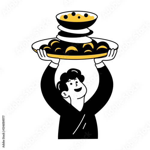 Character balancing plates over head, doodle illustration