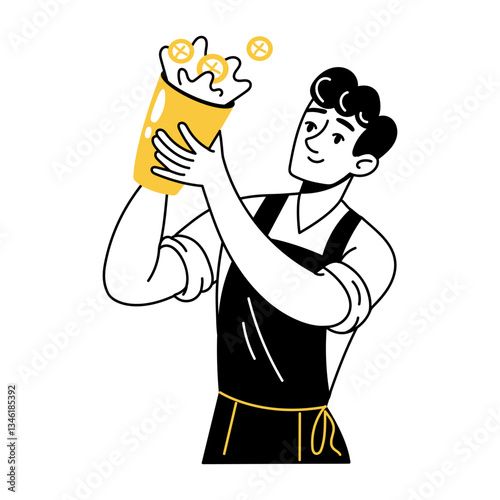 Doodle illustration of a bartender holding cocktail shaker 