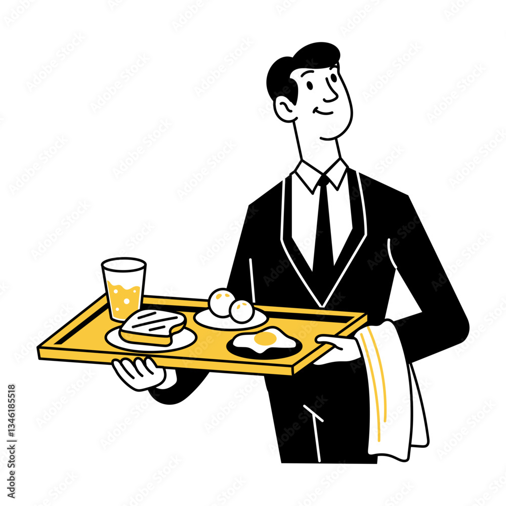 Doodle illustration of a water holding breakfast tray Doodle illustration of a water holding breakfast tray