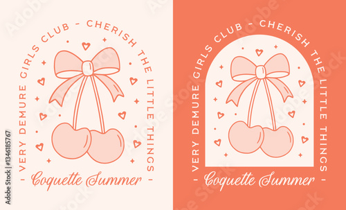 Coquette summer very demure girls club girly preppy orange pink cherry with bow ribbon aesthetic. Retro vintage cute trendy quotes cherish the little things printable poster sticker shirt design.