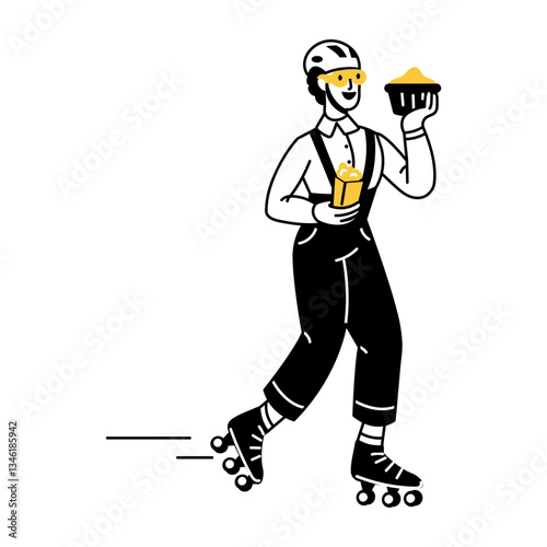 A hand drawn character illustration of a skating delivery boy