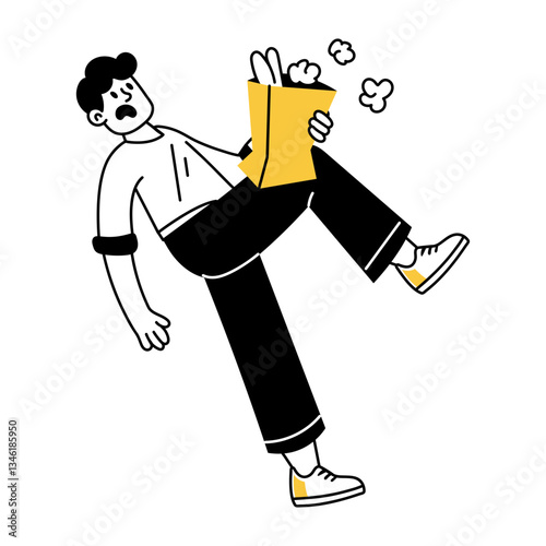 Slipping man holding a food takeout bag, doodle illustration 