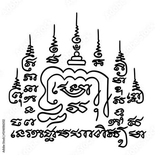 Thai traditional tattoo. Yan Phut Son. Thai text ranslation: loving-kindness and popularity, evasion of danger, protection from harm