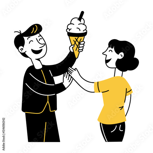 Happy couple eating dessert together, doodle illustration 