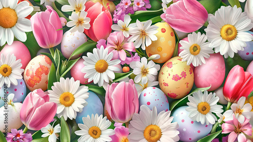 easter egg background with flowers and lawns