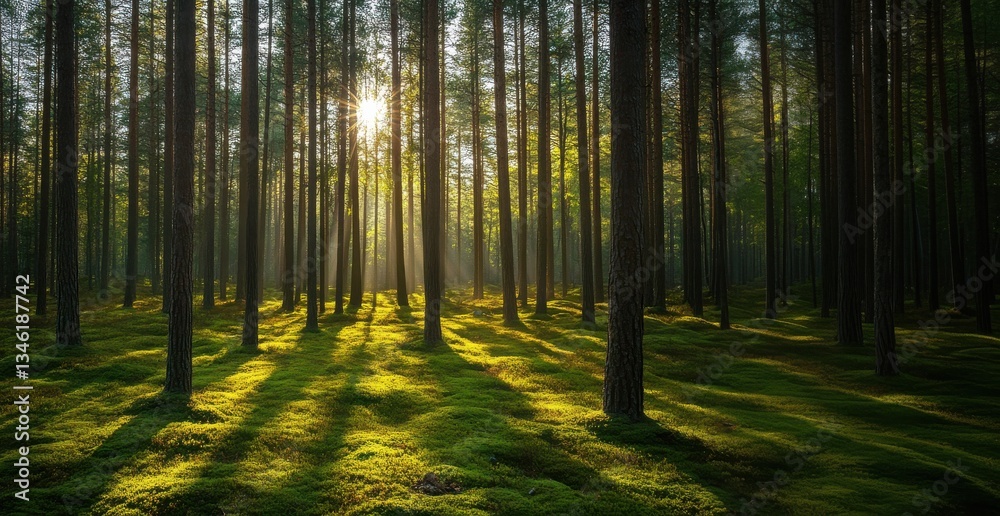 Obraz premium Sunlight filters through tall trees in a tranquil forest during a serene morning in nature