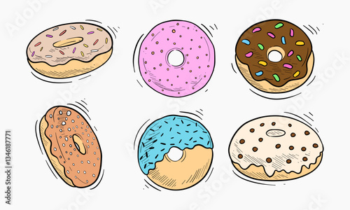 Set of different, illustrated donuts with various toppings, and colorful glaze on a white background.