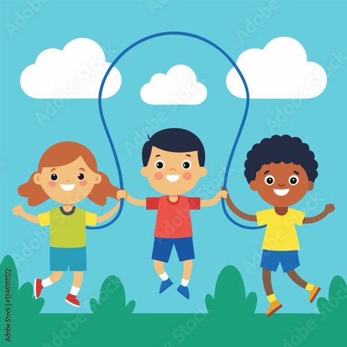Jumping Rope in the Park. Three kids playing jumping rope in a park. 