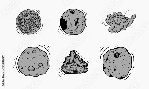 Set of different celestial bodies rendered in a detailed and stylized black and white illustration