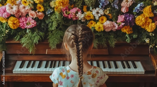Girl with braided hair playing piano in front of floral arrangement.