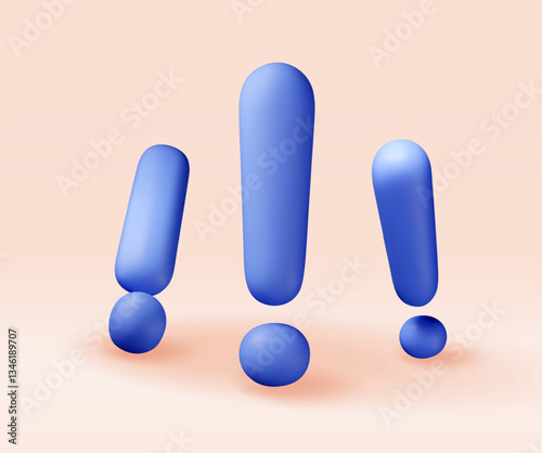 3D blue exclamation mark isolated on white. Render attention, information, danger and warning icon. Alert and alarm symbol. Social media network notification reminder. Vector illustration