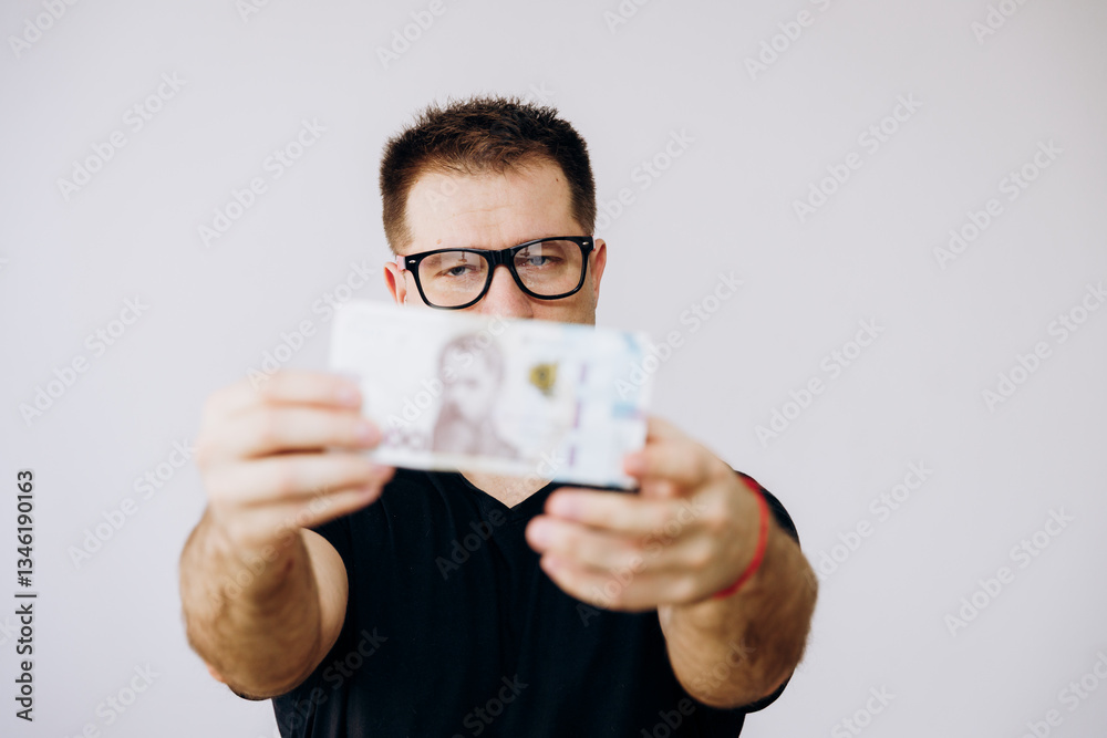 The man with the glasses is holding the bucks.