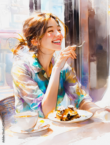 カフェでケーキを食べながら笑顔で話す若い女性